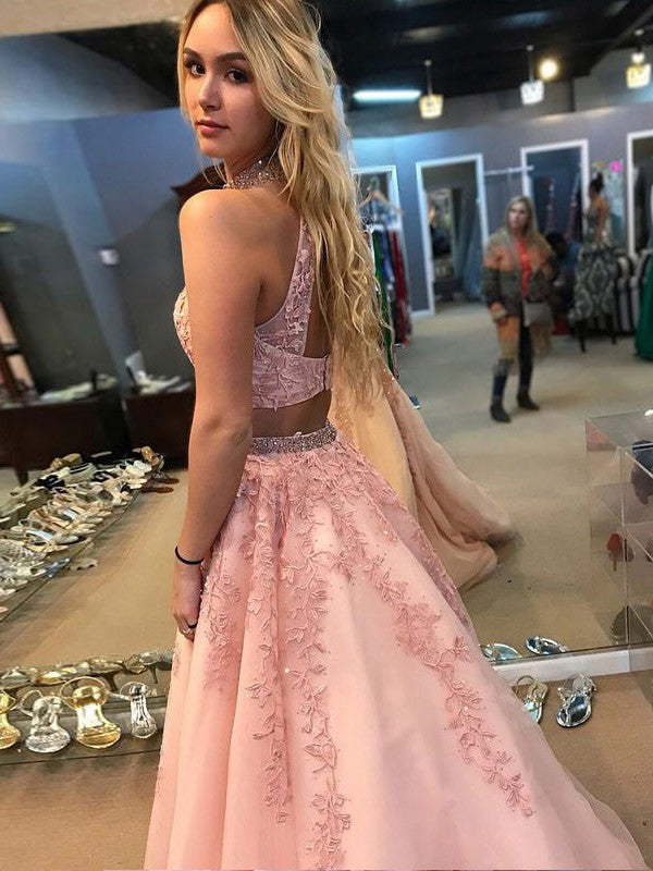 A-Line Sleeveless Halter Floor-Length With Applique Tulle Two Piece Prom Dress