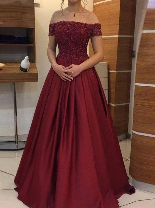 Ball Gown Off-the-Shoulder Sleeveless Floor-Length With Applique Satin Prom Dress