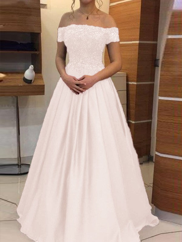 Ball Gown Off-the-Shoulder Sleeveless Floor-Length With Applique Satin Prom Dress