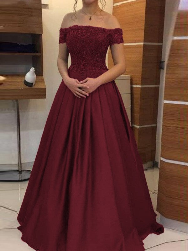 Ball Gown Off-the-Shoulder Sleeveless Floor-Length With Applique Satin Prom Dress