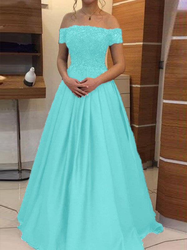 Ball Gown Off-the-Shoulder Sleeveless Floor-Length With Applique Satin Prom Dress