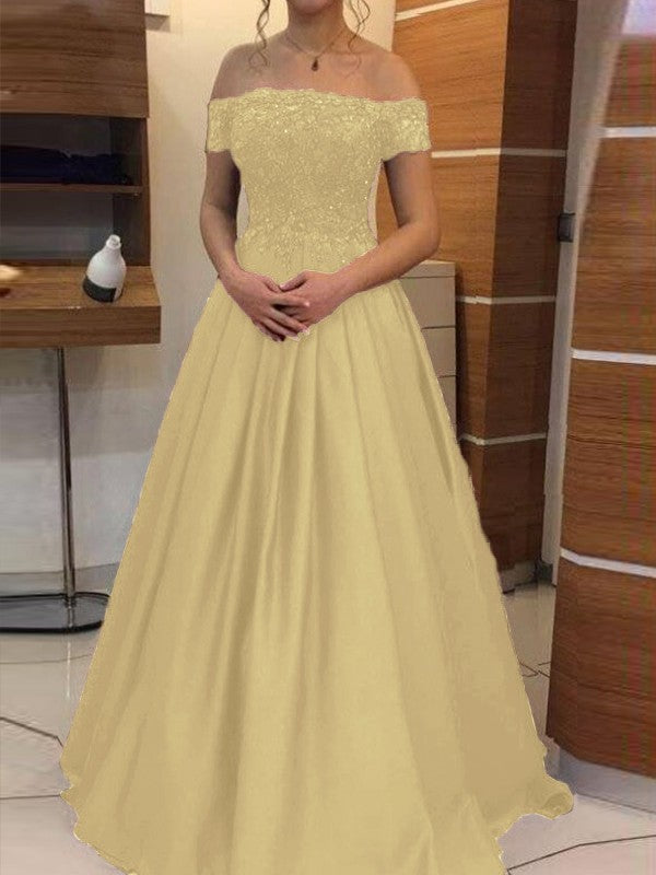 Ball Gown Off-the-Shoulder Sleeveless Floor-Length With Applique Satin Prom Dress