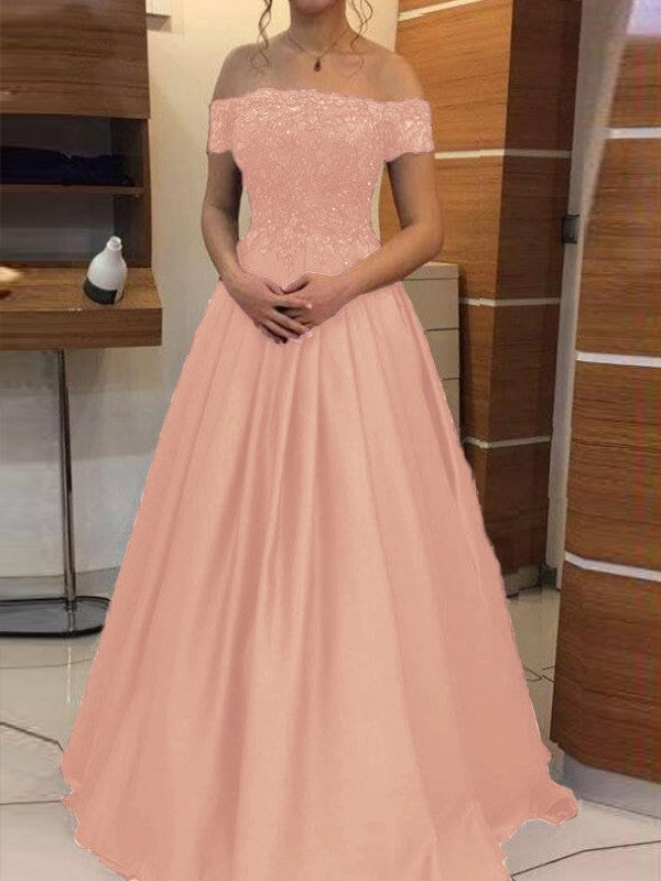 Ball Gown Off-the-Shoulder Sleeveless Floor-Length With Applique Satin Prom Dress