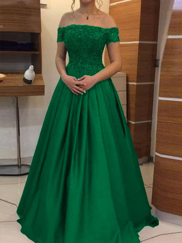 Ball Gown Off-the-Shoulder Sleeveless Floor-Length With Applique Satin Prom Dress