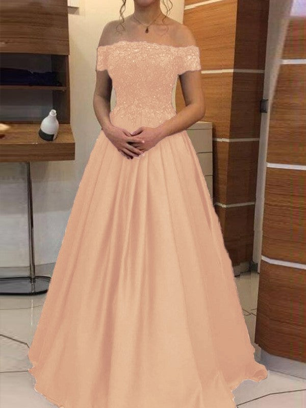 Ball Gown Off-the-Shoulder Sleeveless Floor-Length With Applique Satin Prom Dress
