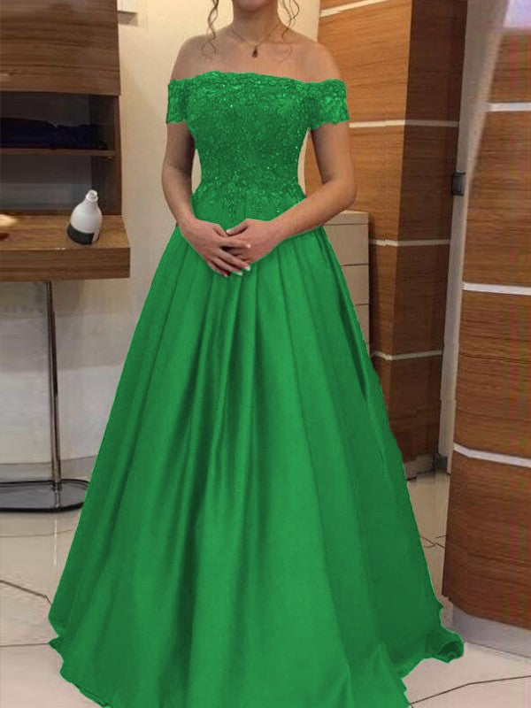 Ball Gown Off-the-Shoulder Sleeveless Floor-Length With Applique Satin Prom Dress