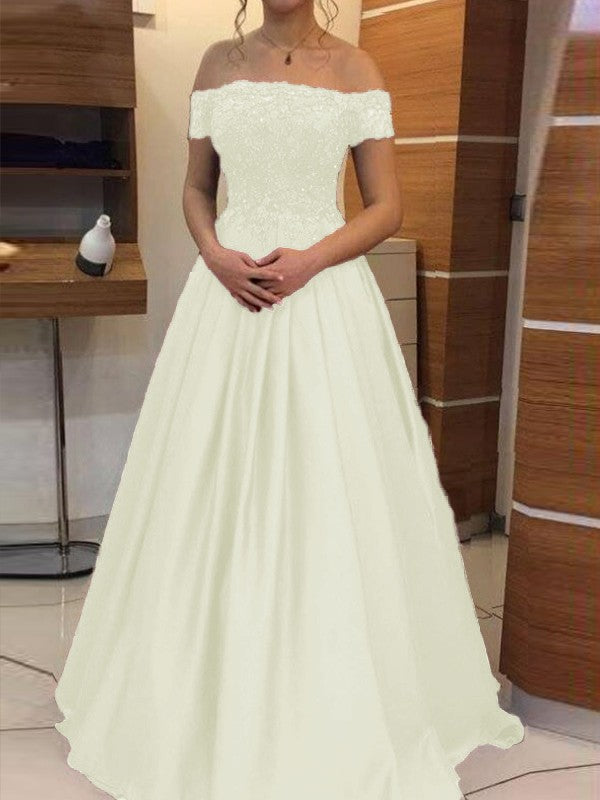 Ball Gown Off-the-Shoulder Sleeveless Floor-Length With Applique Satin Prom Dress