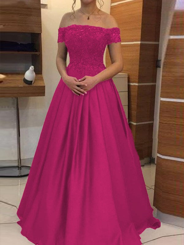 Ball Gown Off-the-Shoulder Sleeveless Floor-Length With Applique Satin Prom Dress