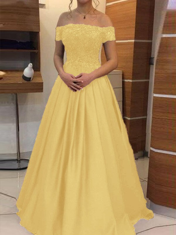 Ball Gown Off-the-Shoulder Sleeveless Floor-Length With Applique Satin Prom Dress
