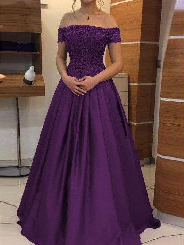 Ball Gown Off-the-Shoulder Sleeveless Floor-Length With Applique Satin Prom Dress