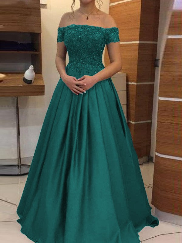 Ball Gown Off-the-Shoulder Sleeveless Floor-Length With Applique Satin Prom Dress