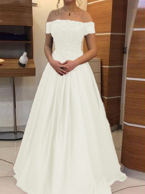 Ball Gown Off-the-Shoulder Sleeveless Floor-Length With Applique Satin Prom Dress