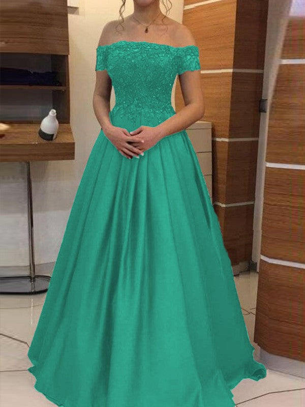 Ball Gown Off-the-Shoulder Sleeveless Floor-Length With Applique Satin Prom Dress