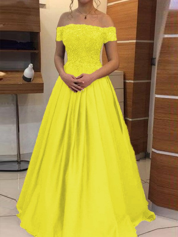 Ball Gown Off-the-Shoulder Sleeveless Floor-Length With Applique Satin Prom Dress