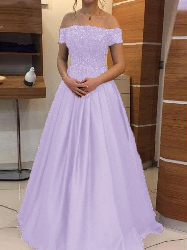 Ball Gown Off-the-Shoulder Sleeveless Floor-Length With Applique Satin Prom Dress