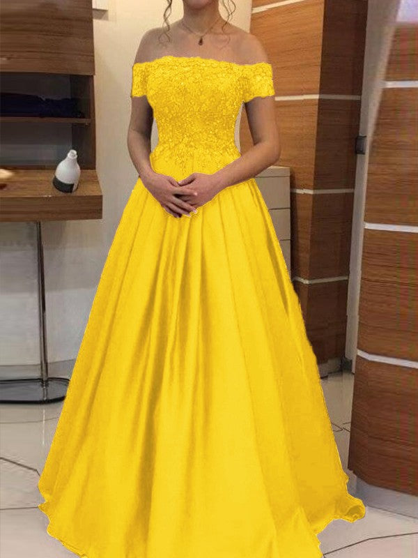 Ball Gown Off-the-Shoulder Sleeveless Floor-Length With Applique Satin Prom Dress