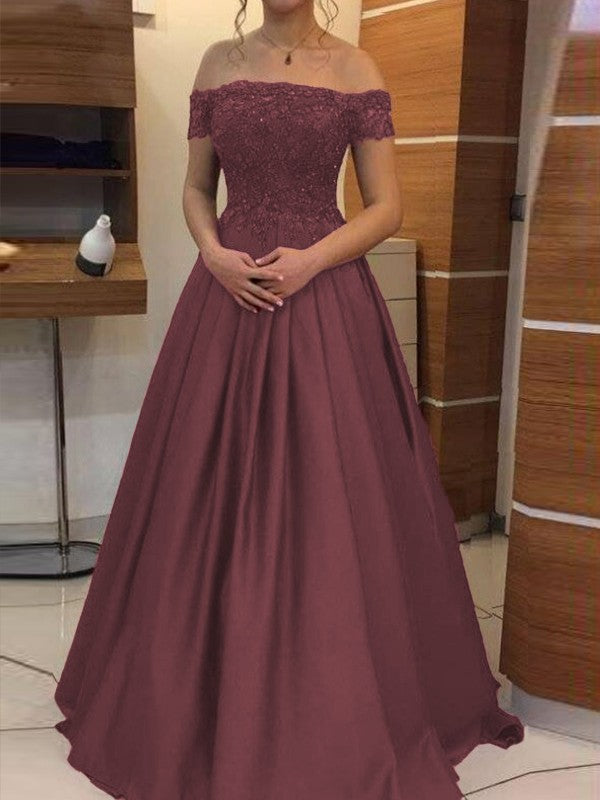 Ball Gown Off-the-Shoulder Sleeveless Floor-Length With Applique Satin Prom Dress