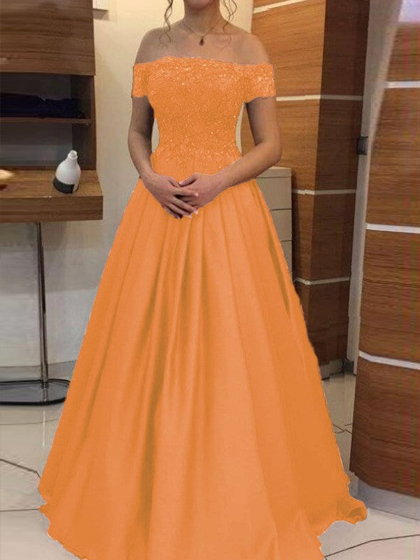 Ball Gown Off-the-Shoulder Sleeveless Floor-Length With Applique Satin Prom Dress
