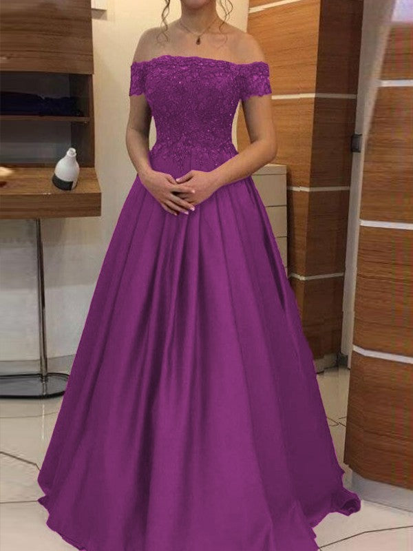 Ball Gown Off-the-Shoulder Sleeveless Floor-Length With Applique Satin Prom Dress