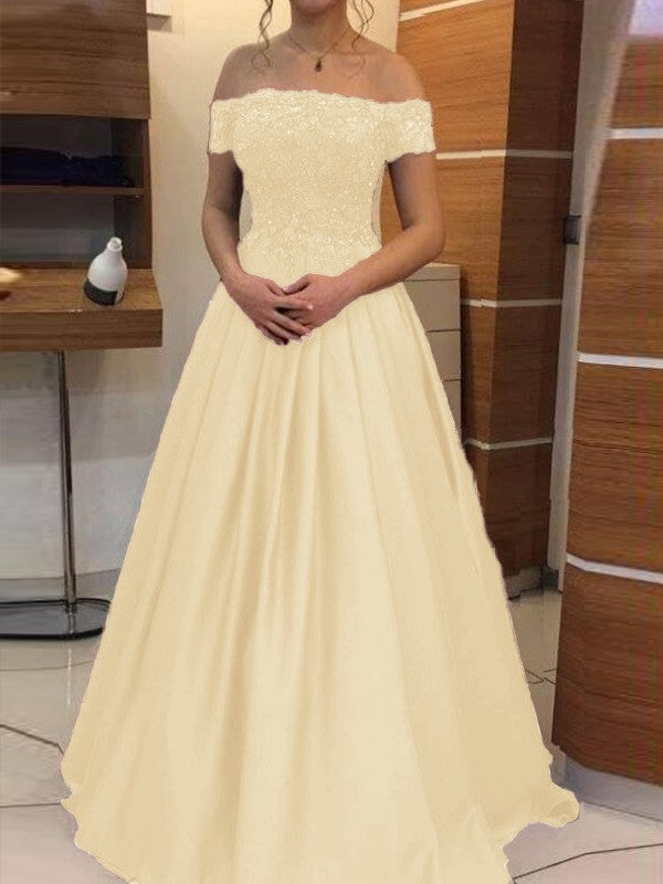 Ball Gown Off-the-Shoulder Sleeveless Floor-Length With Applique Satin Prom Dress