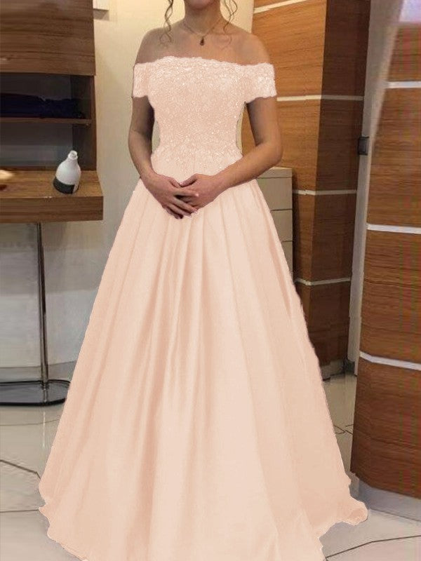 Ball Gown Off-the-Shoulder Sleeveless Floor-Length With Applique Satin Prom Dress
