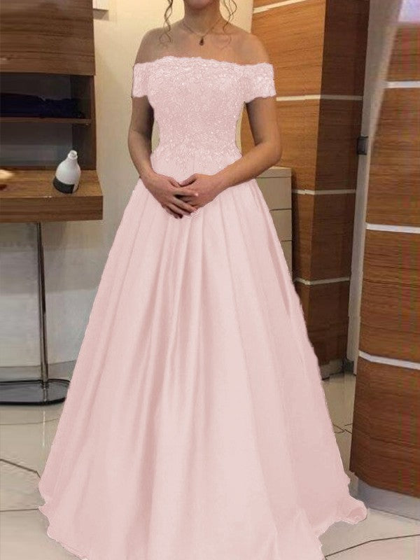 Ball Gown Off-the-Shoulder Sleeveless Floor-Length With Applique Satin Prom Dress