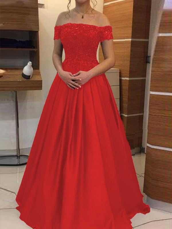 Ball Gown Off-the-Shoulder Sleeveless Floor-Length With Applique Satin Prom Dress