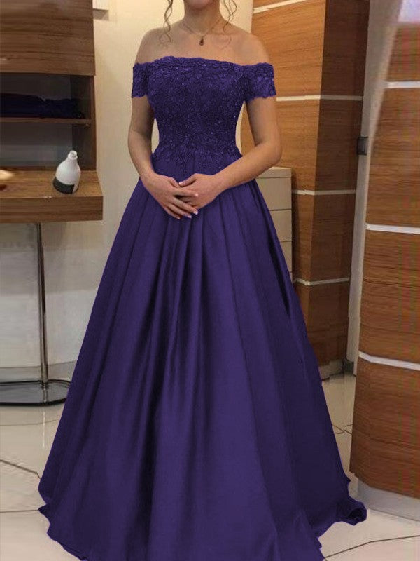 Ball Gown Off-the-Shoulder Sleeveless Floor-Length With Applique Satin Prom Dress
