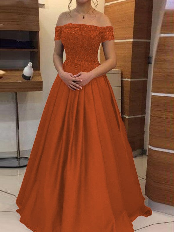 Ball Gown Off-the-Shoulder Sleeveless Floor-Length With Applique Satin Prom Dress