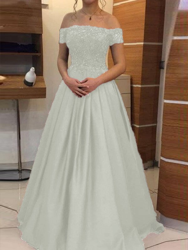 Ball Gown Off-the-Shoulder Sleeveless Floor-Length With Applique Satin Prom Dress
