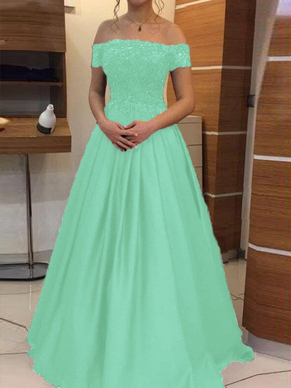 Ball Gown Off-the-Shoulder Sleeveless Floor-Length With Applique Satin Prom Dress