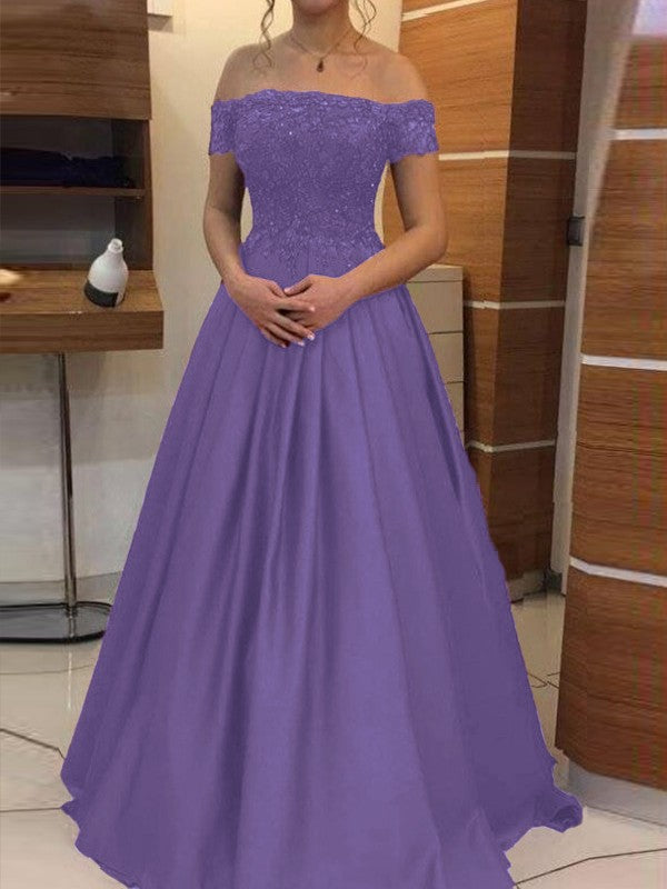 Ball Gown Off-the-Shoulder Sleeveless Floor-Length With Applique Satin Prom Dress
