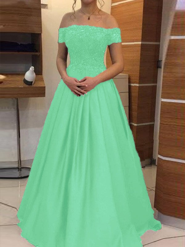 Ball Gown Off-the-Shoulder Sleeveless Floor-Length With Applique Satin Prom Dress