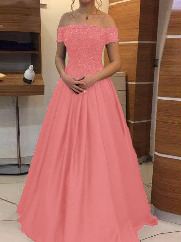Ball Gown Off-the-Shoulder Sleeveless Floor-Length With Applique Satin Prom Dress
