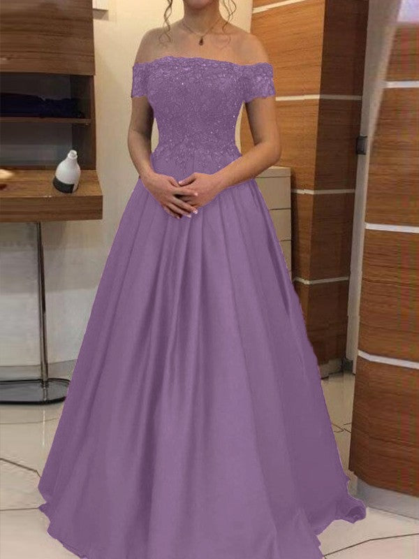 Ball Gown Off-the-Shoulder Sleeveless Floor-Length With Applique Satin Prom Dress