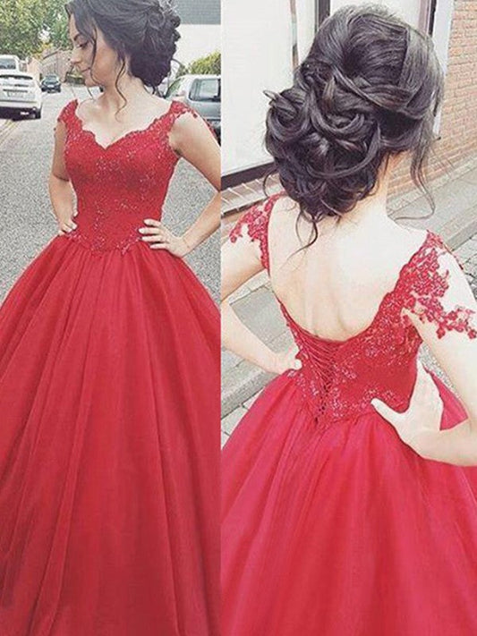 Ball Gown V-neck Sleeveless Floor-Length With Applique Satin Prom Dress