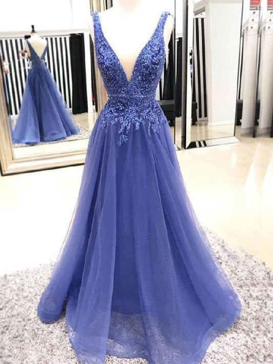 A-Line V-neck Sleeveless Floor-Length With Applique Tulle Prom Dress
