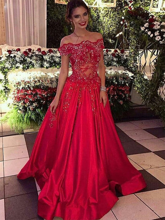 Ball Gown Off-the-Shoulder Sleeveless Sweep/Brush Train With Beading Satin Prom Dress