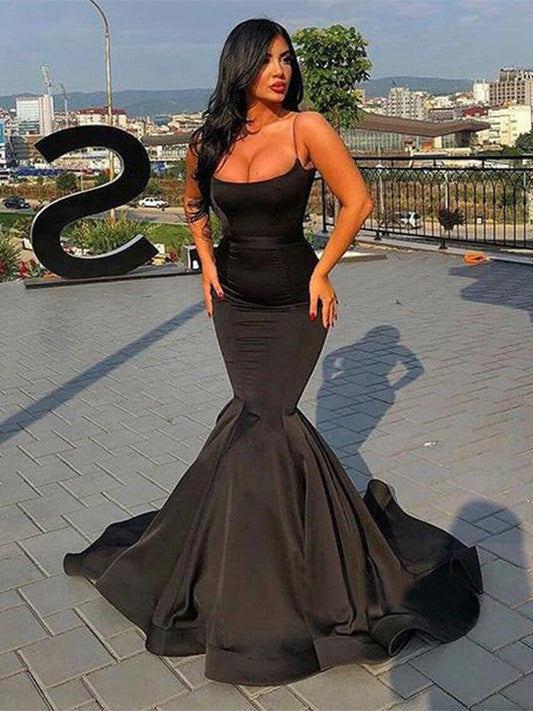 Mermaid Sleeveless Spaghetti Straps Sweep/Brush Train With Ruffles Satin Prom Dress