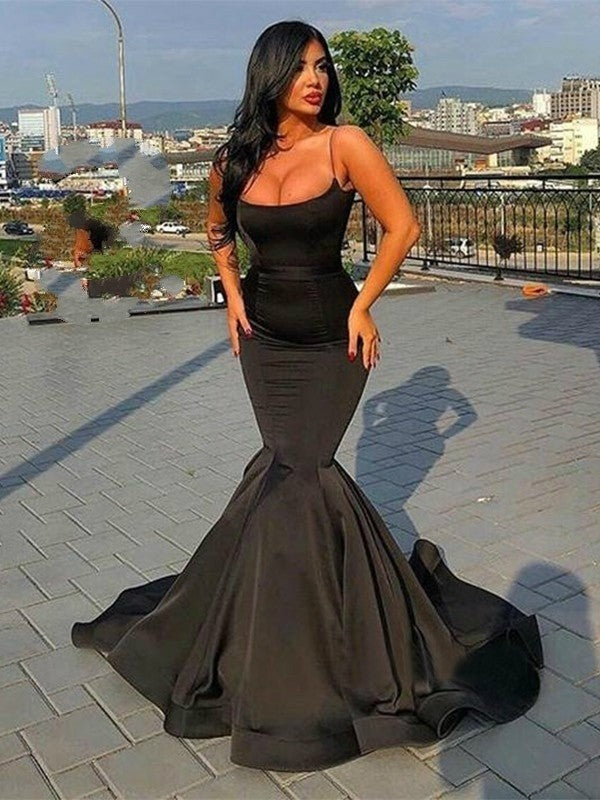 Mermaid Sleeveless Spaghetti Straps Sweep/Brush Train With Ruffles Satin Prom Dress