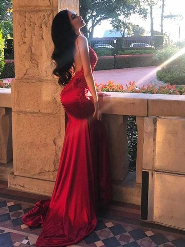 Sheath Sleeveless Spaghetti Straps Sweep/Brush Train With Applique Silk like Satin Prom Dress