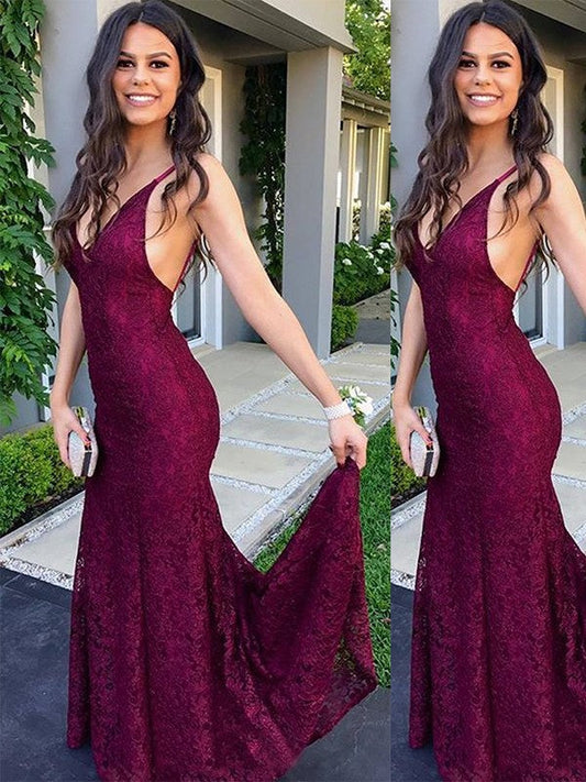 Mermaid Sleeveless V-neck Sweep/Brush Train Lace Prom Dress