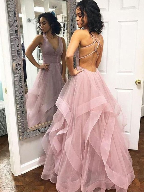A-Line Sleeveless V-neck Floor-Length With Ruffles Tull Prom Dress