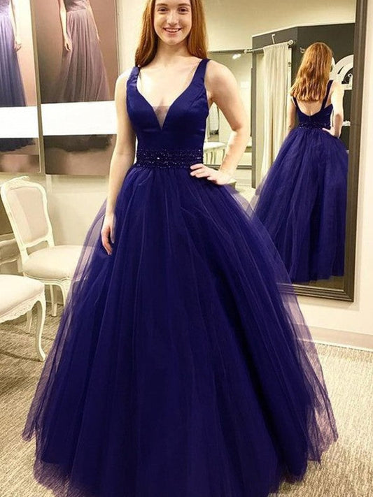 Ball Gown Sleeveless V-neck Floor-Length With Beading Tulle Prom Dress