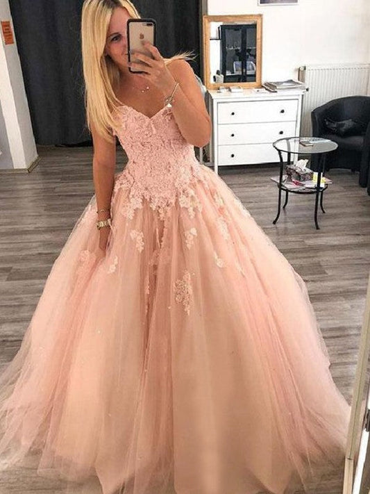 Ball Gown Sleeveless Sweetheart Floor-Length With Applique Tulle Prom Dress