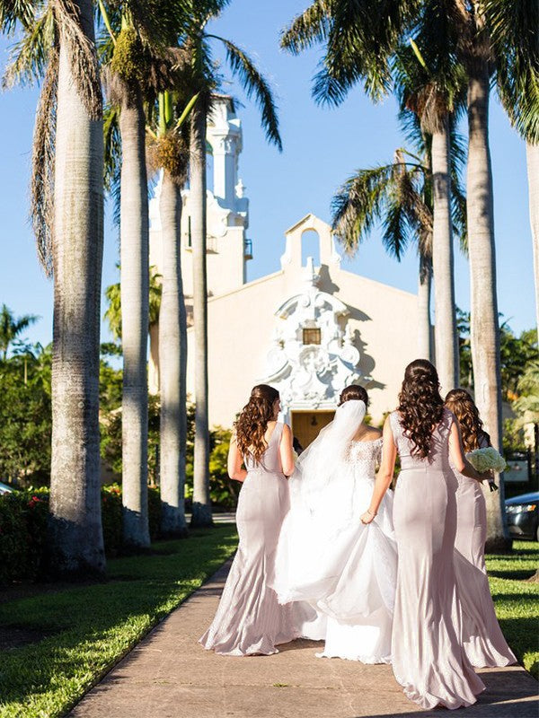Sheath Sleeveless Sheer Neck Sweep/Brush Train Stretch?Crepe Bridesmaid Dresses