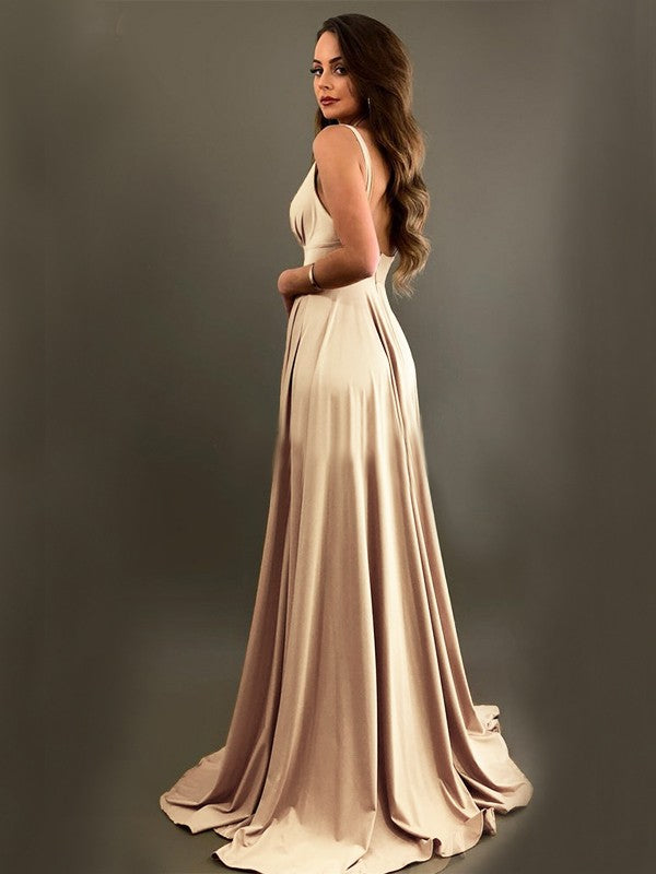 A-Line Sleeveless V-neck Sweep/Brush Train With Ruffles Jersey Bridesmaid Dresses