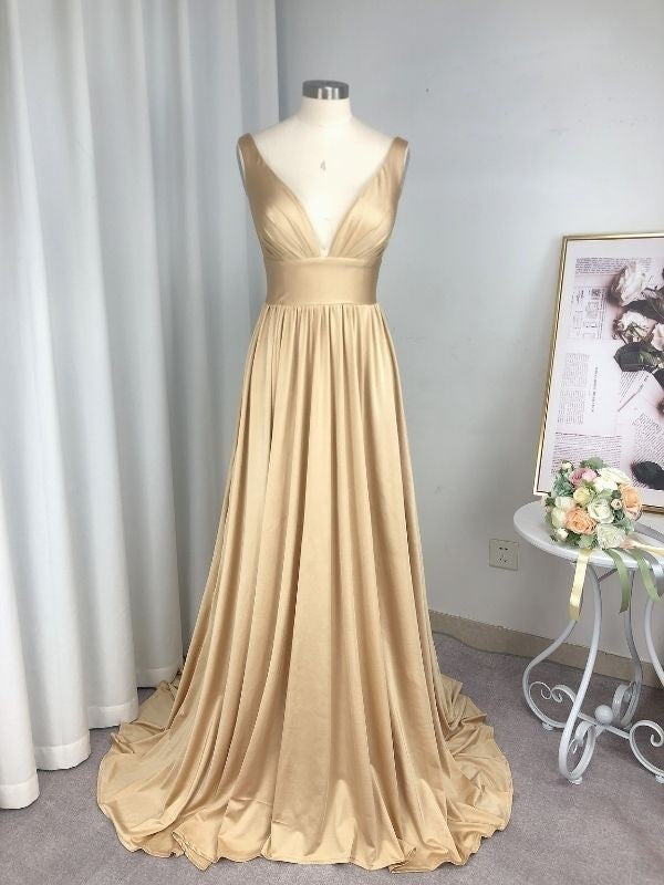 A-Line Sleeveless V-neck Sweep/Brush Train With Ruffles Jersey Bridesmaid Dresses
