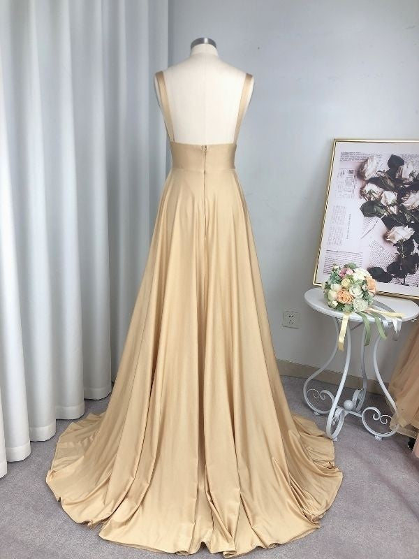 A-Line Sleeveless V-neck Sweep/Brush Train With Ruffles Jersey Bridesmaid Dresses