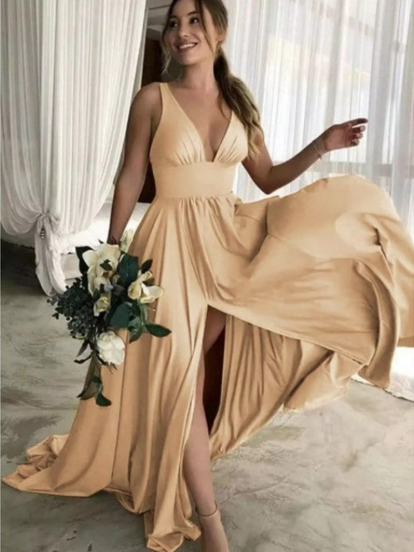 A-Line Sleeveless V-neck Sweep/Brush Train With Ruffles Jersey Bridesmaid Dresses